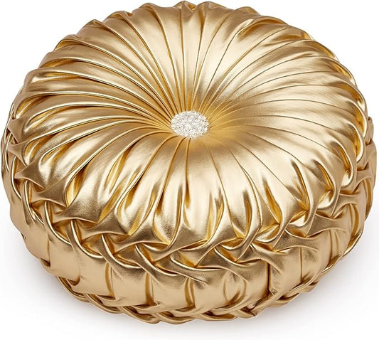 EUCIOR Gold Throw Pillows,Circular Pillow,Pumpkin Pleated Handmade Throw Pillows,Gold Pillows,Smooth Metallic Leather Decorative Pillows for Home Decor Bedroom Living Room Couch Bed Sofa