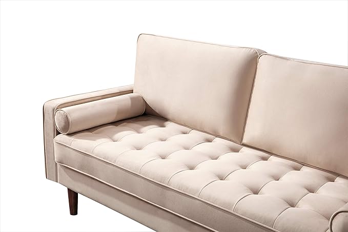 Container Furniture Direct Womble 58 Inch Velvet Loveseat Sofa with Elegant Button Tufted Upholstery, Square Arms, Splayed Wood Legs, Includes Matching Bolster Pillows, Biscuit