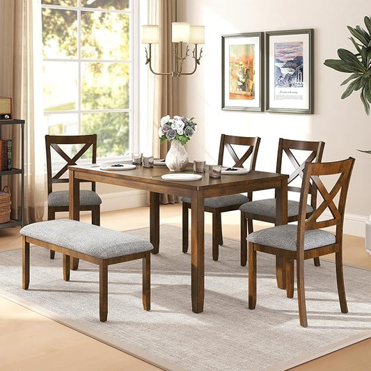 6-Piece Wooden Dining Table Set, Dining Table Set for 6, Including 1 Dining Table, 4 Upholstered Chairs and 1 Bench, Wooden Legs Dining Table, Table Set for Dining Room & Kitchen, Walnut