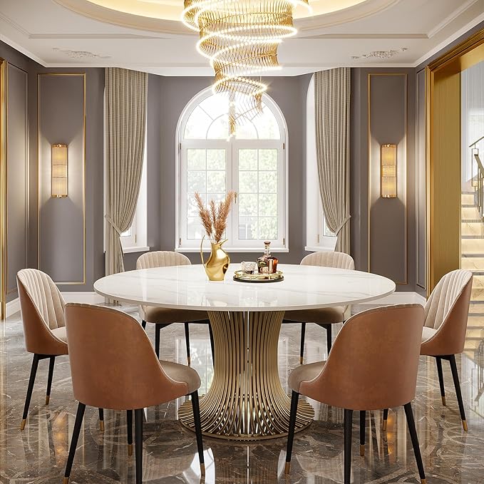 Tribesigns 59" Modern Sintered Stone Round Dining Table for 6-8, Luxury White Kitchen Table with Golden Stainless Steel Pedestal for Dining Room,Living Room (Only Table)