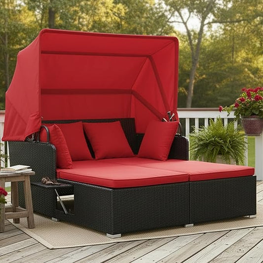 Tangkula Patio Rattan Daybed with Retractable Canopy, Outdoor Wicker Sunbed Lounger with 2 Foldable Side Tables, Thick Seat & Back Cushions, Outside Double Daybed for Garden, Backyard, Porch, Red