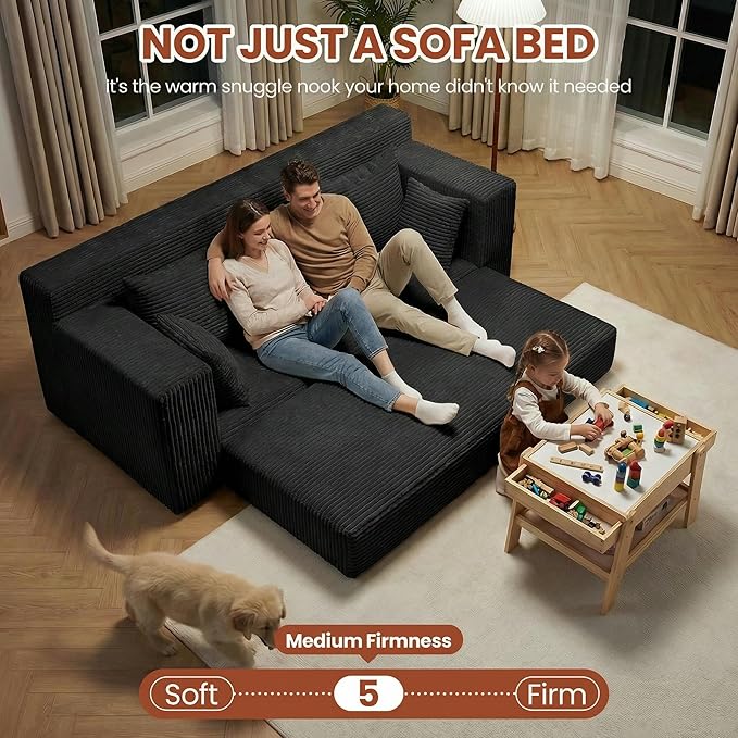 Convertible Sofa Bed, 5 in 1 Small Boneless Couch Pull Out Loveseat Sleeper Sofa,Corduroy Futon Couch Folding Mattress with 4 Pillows for Living Room (Black02, 3 Seater)