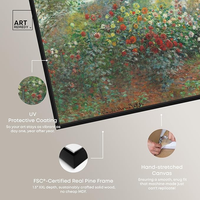 Art Remedy Monet-Garden With Dahlias Impressionism Classic Landscape Paintings Canvas Wall Art, Black Floater Frame, 36"x54"