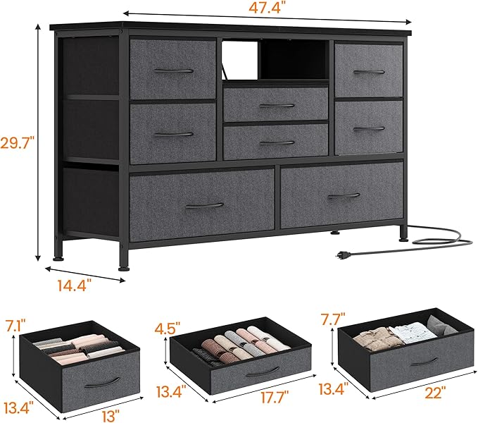 Jojoka 8-Drawer LED Dresser TV Stand with Power Outlet for 55'' TV - Wide Storage Chest for Bedroom, Living Room & Entryway, Wood Top Console Table with 22 Light Modes