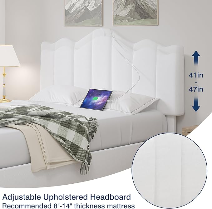 VECELO Queen Size Bed Frame with 4 Drawers, Adjustable Headboard, Upholstered Platform with Wood Slats Support, Built-in USB and Type C Ports, Off White