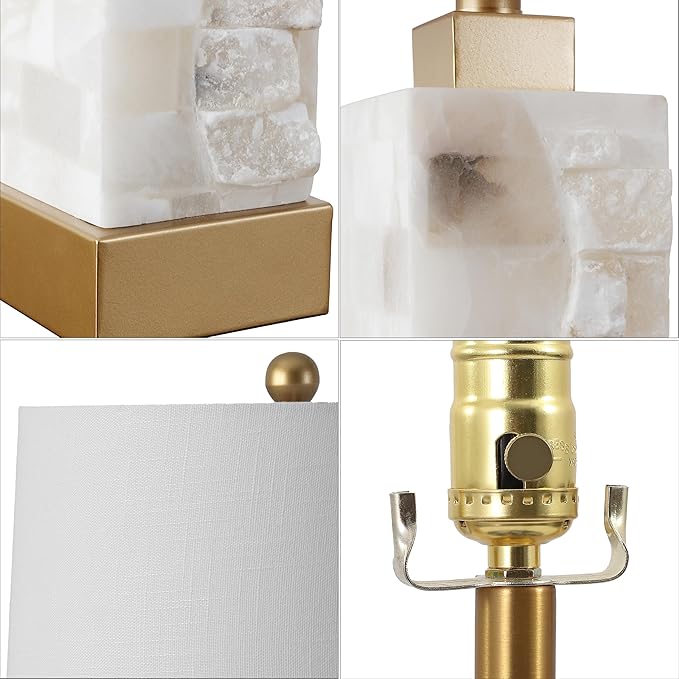 JONATHAN Y 23" Gold/White 2-Light Alabaster and Metal LED Table Lamp, Coastal Glam Modern Bedside Lamp with Nightlight Base and Linen Shade, LED Bulbs Included JYL6202A
