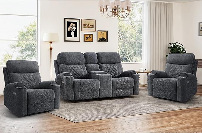 HAOMARKETS 3-Piece Recliner Sofa Set with Charging Ports, Include 2 Power Recliner Chairs and Electric 2-Seater Loveseat Reclining Couch with Hidden Storage and Cup Holders for Living Room, Dark Grey