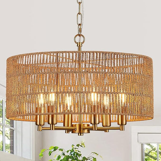 20" Hand-Woven Rattan Chandelier 6-Light Vintage Farmhouse Boho Bamboo Golden Chandelier Light Fixture Retro Drum Wicker Gold Chandeliers for Dining Room, Kitchen, Living Room, E12