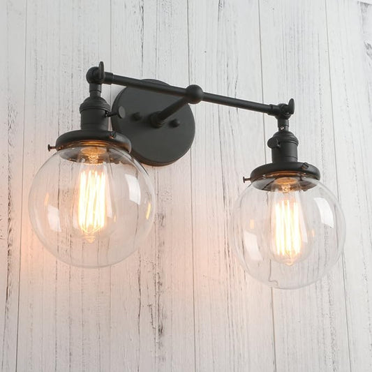 PERMO Double Sconce Vintage Industrial Antique 2 Lights Wall Sconces with Dual 5.9" Round Clear Glass Globe Shade (Black)