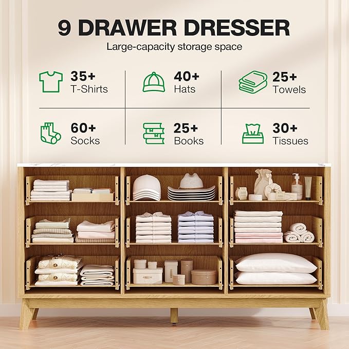 57" Fluted 9 Drawer Dresser with Arc-Shaped Corner,Modern Chest of Drawers with Metal Handle, Wood Closet Clothes Storage Organizer with Curved Edges for Bedroom,Natural