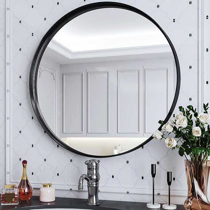 Suidia 24" x 24" Bathroom Mirror, Bathroom Vanity Mirror Metal Framed, Wall-Mounted Mirrors for Bedroom, Living Room, Entryway, Hallway, Black, Round Style