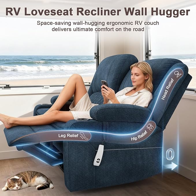 Yolsali Power Reclining Loveseat with Remote Control, Zero Wall Hugger RV Loveseat Recliner Sofa for Living Room with Removable Armrest, 2-Tier Cushions, Hidden Storage & USB Ports, Soft Fabric Blue