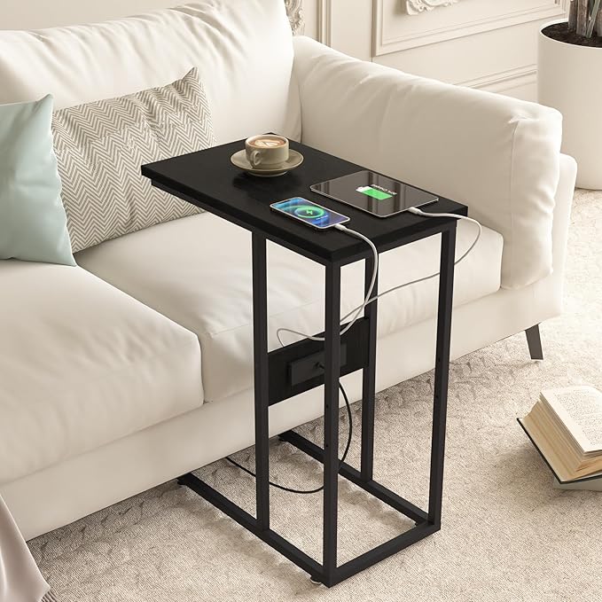 VECELO C-Shaped End Side Table with Charging Station & 2 USB Ports and Outlets for Living Room, Bedroom, with Adjustable Feet for Couch Sofa, Bedside, Small Spaces， Black
