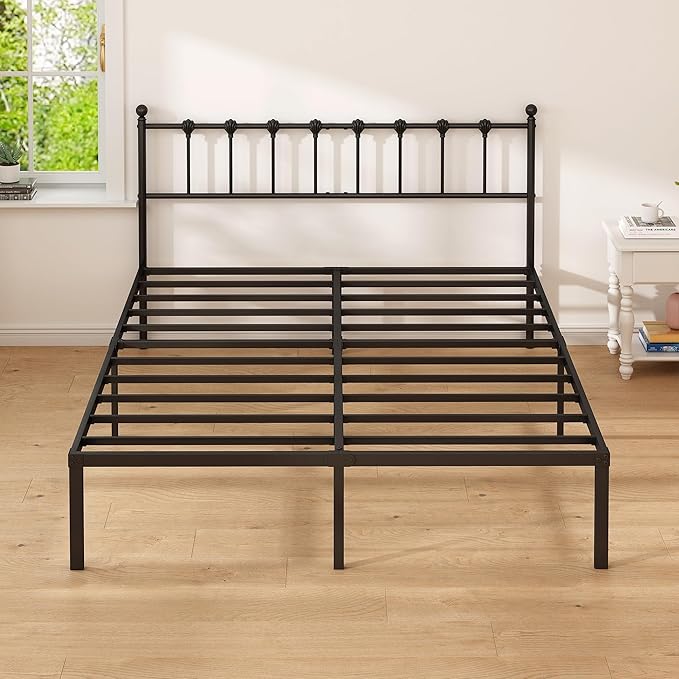 Queen Size Bed Frame with Modern Headboard, Metal Platform Bed Base with Strong Support, No Box Spring Needed, Easy Assembly, Noise Free，Black