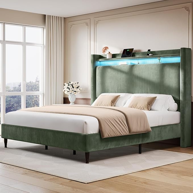 King Size Bed Frame with Tall Headboard, 55.3" Upholstered Platform King Bedframe with Wingback Storage Headboard, Charging Station & LED Lights, No Box Spring Needed, Wooden Slats, Corduroy, Green