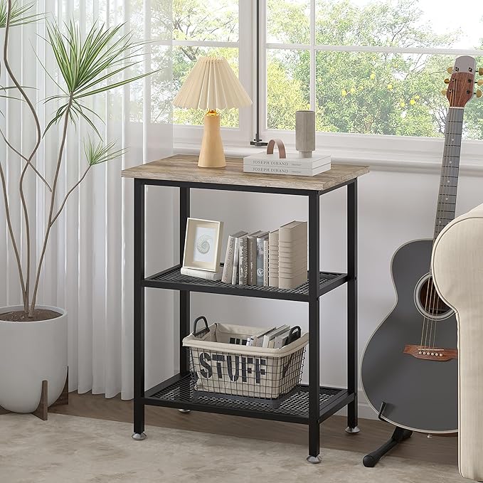 VECELO Tall End Side Tables, 30" Height Nightstand with 3-Tier Storage Shelf for Bedroom Living Room, Easy Assembly,Industrial Style, Grey