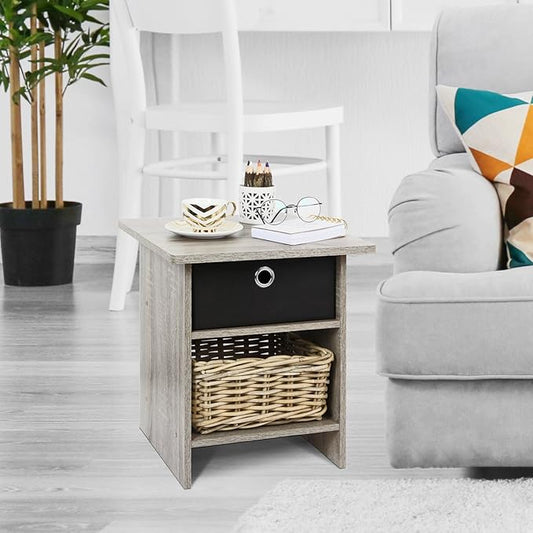 Furinno Dario End Table / Side Table / Night Stand / Bedside Table with Bin Drawer, 2-Pack, French Oak Grey/Black