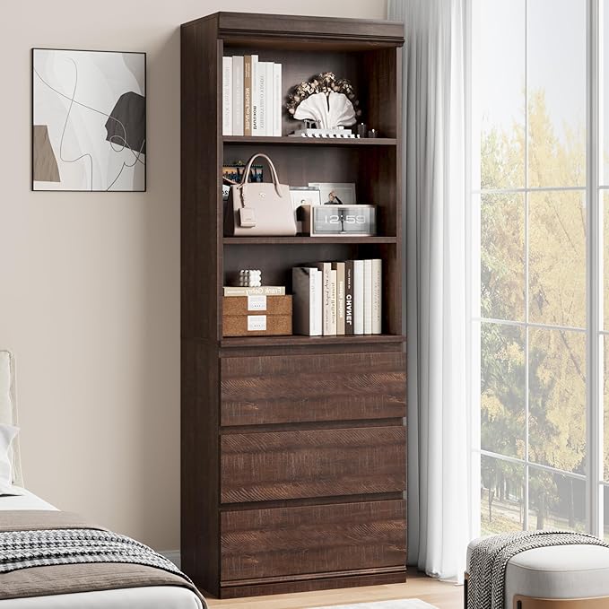 IDEALHOUSE 70" H Bookcase with 3 Storage Drawers,Tall Bookshelf w/ 3-Tier Open Shelf, Morden Storage Bookcase Wooden Deep Bookshelves Storage Cabinet Organizer for Library Office Living Room (Brown)