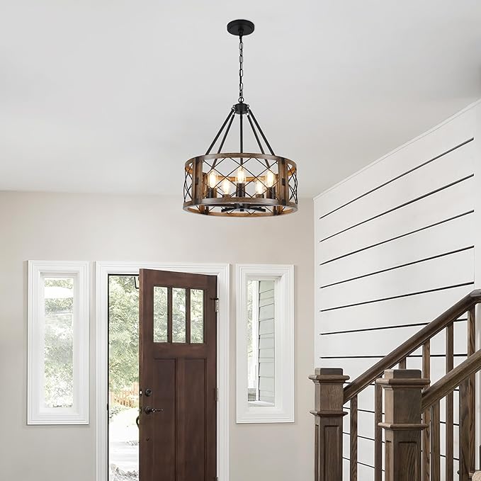 5-Light Farmhouse Chandelier 19.8" Black and Brown Rustic Chandelier for Dining Room Wood Texture Adjustable Pendant Light Fixture for Kitchen Island Entryway Bedroom Hallway