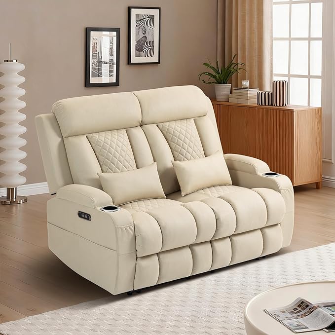 2-Piece Power Reclining Sofa Set, 3-Seater Sofa with Drop-Down Console & 2-Seater Loveseat, Zero Wall Hugger Electric Recliner Couch with Adjustable Headrest, AC Outlets (Beige, Loveseat)