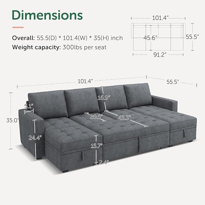HONBAY Modular Sectional Sleeper Sofa with Pull Out Bed,U Shaped Couch with Storage Seat,Sectional Couches for Living Room,Bluish Grey
