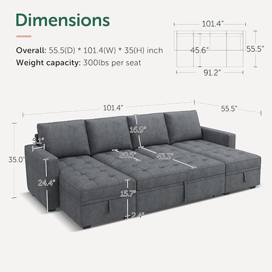 HONBAY Modular Sectional Sleeper Sofa with Pull Out Bed,U Shaped Couch with Storage Seat,Sectional Couches for Living Room,Bluish Grey