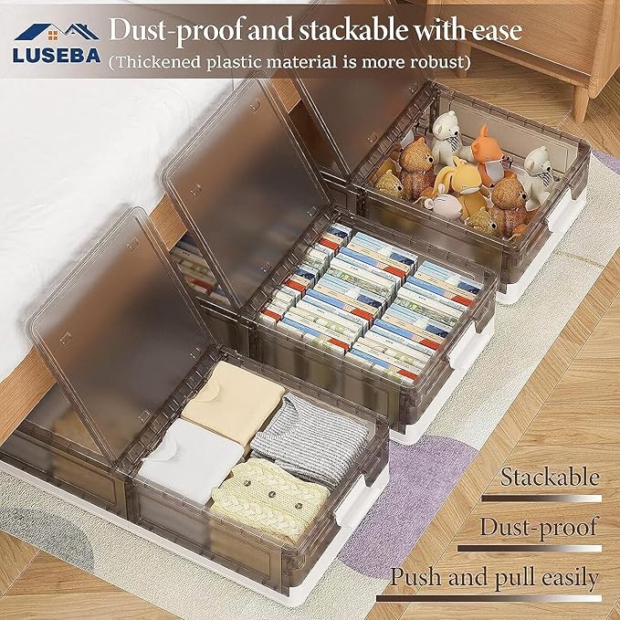 Under Bed Storage Containers, Stackable Under Bed Rolling Storage Plastic Containers, 11.5Gal Storage Bins with Wheels, Multi-purpose Storage Bins with Lids for Clothes, Shoes, And Duvets