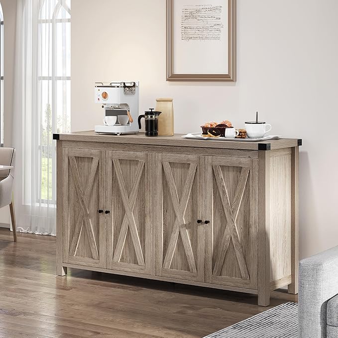 YITAHOME 55'' Sideboard Buffet Cabinet with Storage, Farmhouse Kitchen Storage Cabinet w/4 Doors ＆Adjustable Shelf for Kitchen, Living Room, Grey-Brown