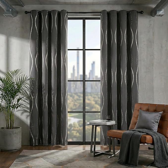 NICETOWN Extra Long Blackout Curtains for Large Window, Foil Printed Wave Lines Energy Saving Thermal Insulated Blackout Draperies for Kids Nursery Boys Bedroom (1 Pair, 52 inches by 108 inches, Grey)