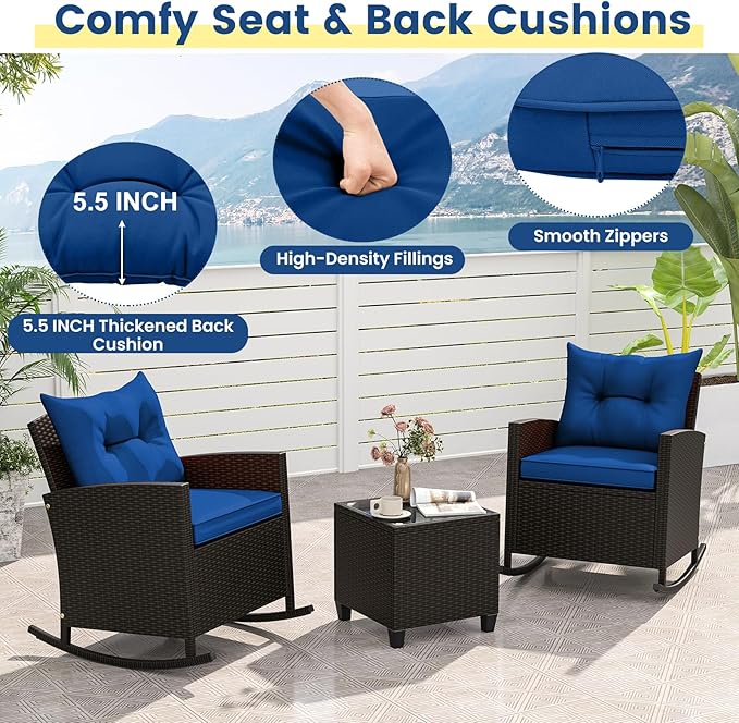 Tangkula 3 Piece Wicker Rocking Set, Patio Rattan Roker Chairs with Tempered Glass Table & Soft Cushions, Outdoor Furniture Set for Backyard, Poolside Porch (Navy)