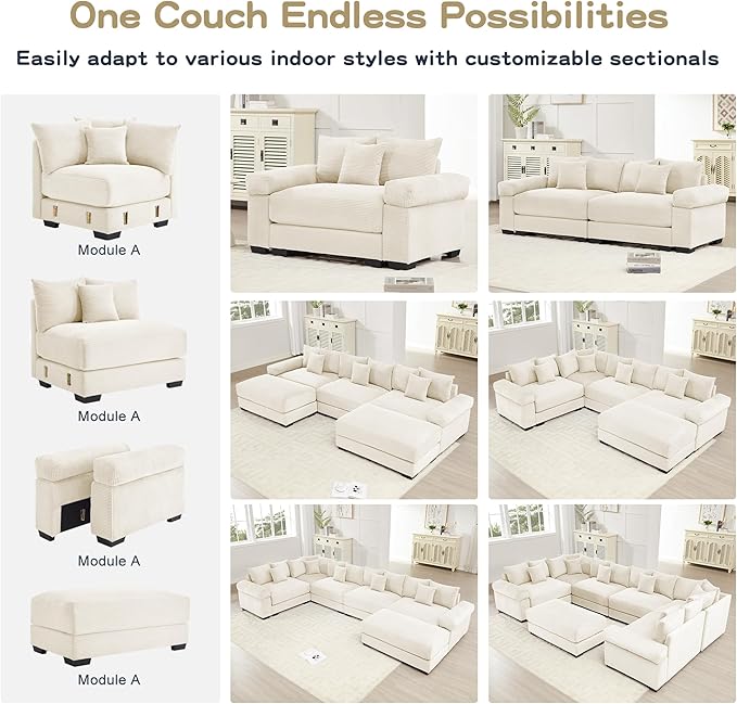 KEIKI 130" L-Shaped Oversized Corduroy Modular Cloud Sectional Sofa with 1 Ottoman, High-Density Foam Cushion, Extra-Thick Armrest, 3-Seater Fluffy Corner Couch with 9 Pillow, for Living Room, Beige