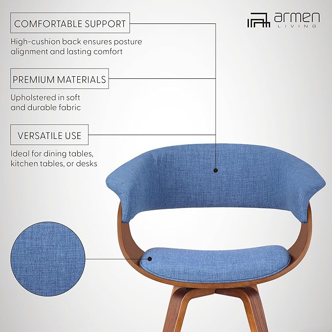 Armen Living Summer Mid-Century Chair in Blue Fabric with Walnut Wood Finish - Set of 6