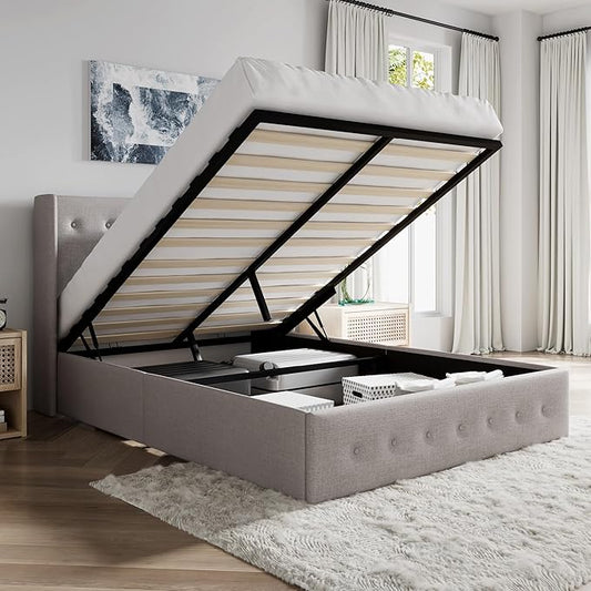 SHA CERLIN Queen Size Lift Up Storage Bed Frame,Button Tufted Wingback Headboard,Upholstered Platform,Hydraulic Storage,Wooden Slat Support,No Box Spring,Light Beige