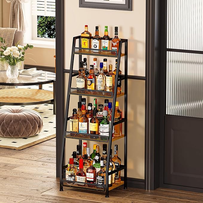 4-Tier Trapezoid Liquor Stand for Home Bar, Stepped Wine Rack Freestanding Floor for Liquor Whiskey Wine, Versatile Corner Wine Bottle Display Stand with Fences, Vintage Brown（Patent Pending）