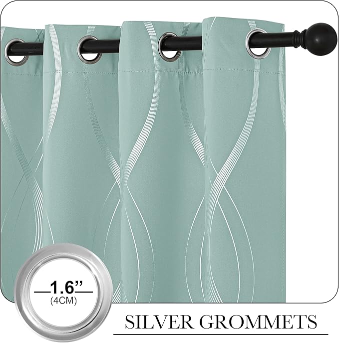 NICETOWN Aqua Blue Foil Print Curtains 90 inch Long for Patio, Wave Silver Line Pattern Drapes Contemporary Style for Elegant Home Decoration, W52 x L90 inch, 2 Panels