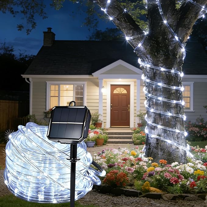 Solar Roep Lights for Outside, 33ft 100 LED Solar String Lights with 8 Modes, Waterproof Solar Outdoor Light for Patio Garden Party Tree Proch Pool Fence Outdoor Holiday Xmas Decor -White