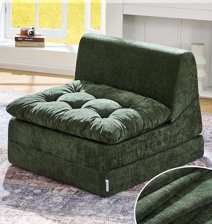 Hobestluk Sofa Couch Folding Sofa Bed Comfy Floor Lounger Convertible Sofa with Removable Cushion Couches for Small Spaces Foldable Mattress for Living Room Bedroom or Office (Chenille Green, Large)