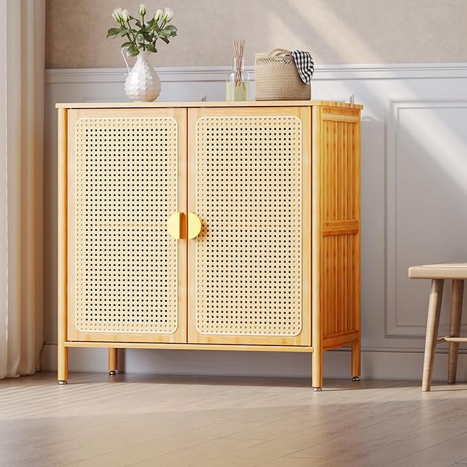 Pellebant Boho Buffet Cabinet with Storage, Bamboo Sideboard Cabinet with Rattan Decorated Doors and Shelves, Kitchen Pantry Cabinet for Hallway, Entryway, Living Room, Natural