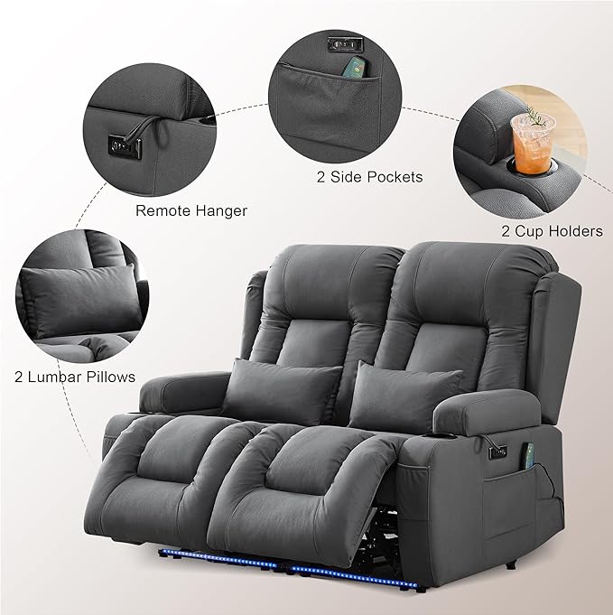 TUNYI Wall Hugger Loveseat Recliner Sofa with Massage & Heat, Power Reclining Loveseat RV Couch with USB/Outlet/Storage/LED Light/Speaker (Grey)