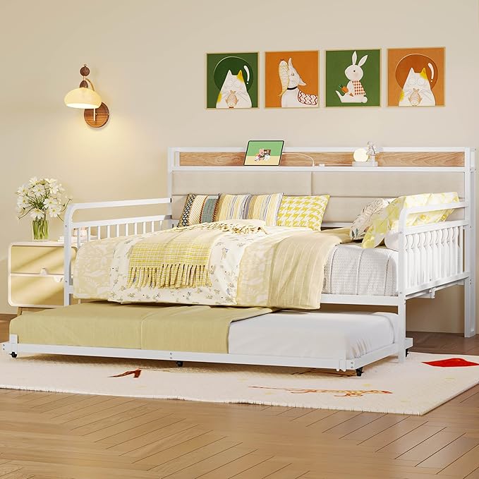 LIKIMIO Daybed with Trundle, Sturdy Metal Full Size Bed Frame with Upholstered Headboard and Charging Station for Living Room, Bedroom and Guest Room, White
