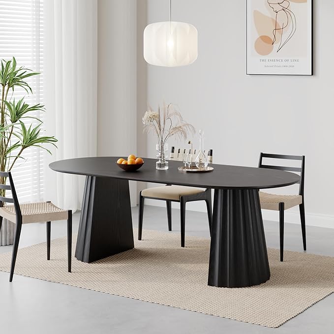 Casaphoria 79" Oval Dining Table, Modern Wood Kitchen Table with Cone Shaped Strip Concave Base for Living Room & Dining Room, Easy Assembly Farmhouse Furniture for 6-8, Black