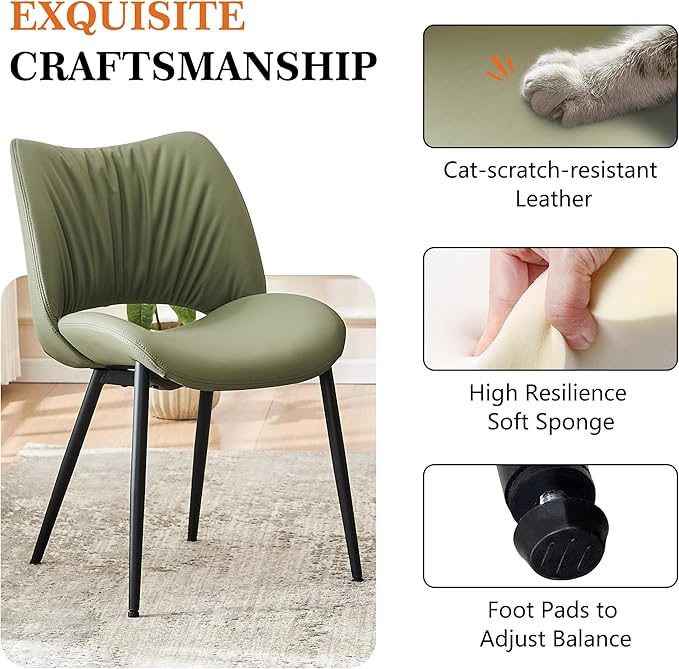 Rowill Olive Green Dining Chairs Set of 2, Upholstered Dining Room Chairs with Hollow Back, Faux Leather Kitchen Chairs for Dining, Mid Century Modern Dining Chair with Curved Seat