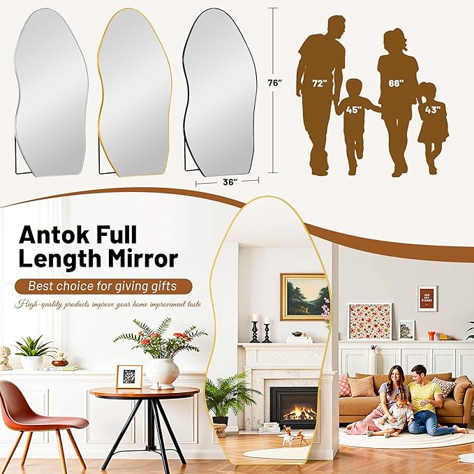 Antok Full Length Mirror, 76"x36" Floor Mirror with Stand, Standing Hanging Leaning Irregular Mirrors for Bedroom Living Room Entryway, Wavy Shaped, Golden