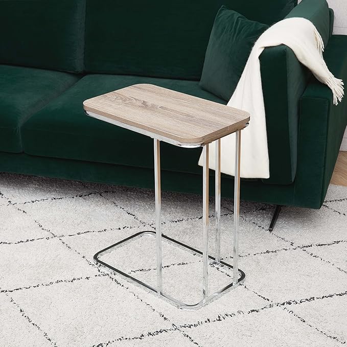 Teamson Home Cora 20 Inch C-Table TV Tray End Side Table with Wood Grain Finish Tabletop and Reflective Silver Metal Frame and Base, Brown