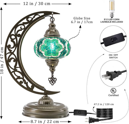 Mozaist Turkish Stained Glass Luna Shape Table Lamp, Moroccan Crescent Tiffany Style Handmade Desk Light, Rustic Moon Living Room, Mosaic Lampshade Office Decorative Dim Lighting (Emerald Green)