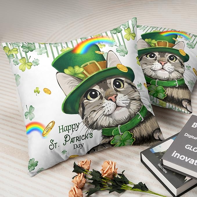 Happy St Patricks Day Pillows Covers 20x20 Pack of 2 Lucky Cat Clover Pillow Covers Rainbow Gold Coin Shamrock Decorative Pillow Cases Cushion Case for Living Room Couch Sofa
