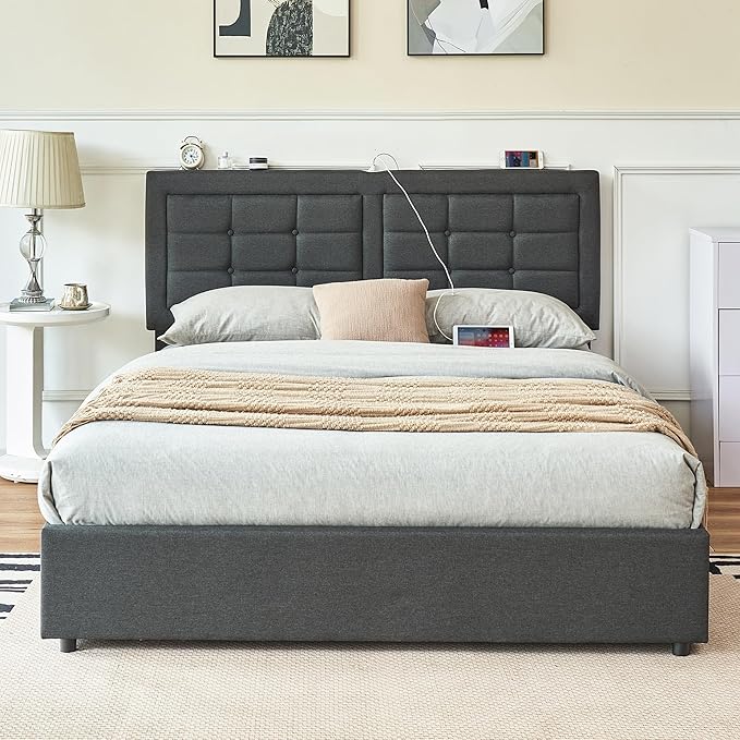 VECELO Queen Size Bed Frame with 4 Drawers, Adjustable Tufted Button Headboard, Upholstered Platform with Wood Slats Support, Built-in USB and Type C Ports, Dark Gray