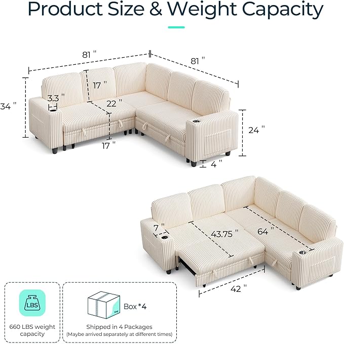 LINSY HOME Sectional Sofa with Pull Out Bed, 5 Seats Corduroy Reversible Sleeper Sofa with Storage Seats, USB Ports, Cup Holders, Side Pocket, Sectional Couches for Living Room | Soft corduroy fabric, Contouring foam, Sturdy frame