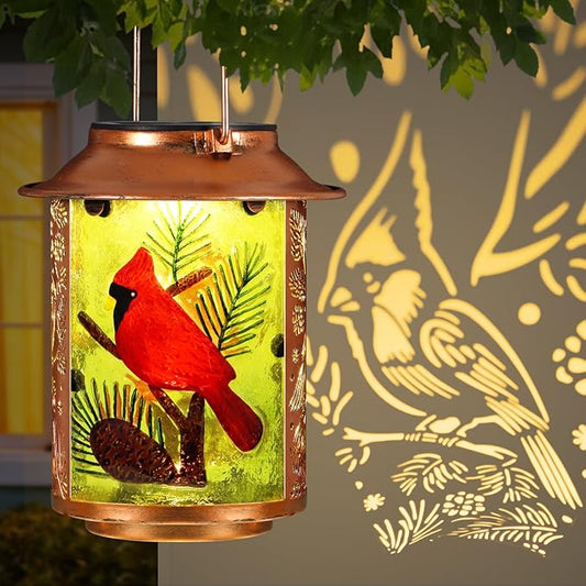 Cardinal Solar Lanterns Outdoor Waterproof,Birthday Gifts for Women Mom Grandma Garden Decor,Hanging Solar Lights Wall Mount Decorations for Yard,Front Porch,Patio,Lawn Pathway Landscape(Pine Tree)