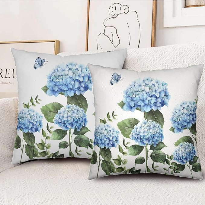 Blue Hydrangea Flower Pillow Covers 20x20 Set of 2 Spring Watercolor Floral Outdoor Throw Pillow Case Summer Green Leaf Seasonal Decorative Cushion Covers for Living Room Couch Sofa Porch